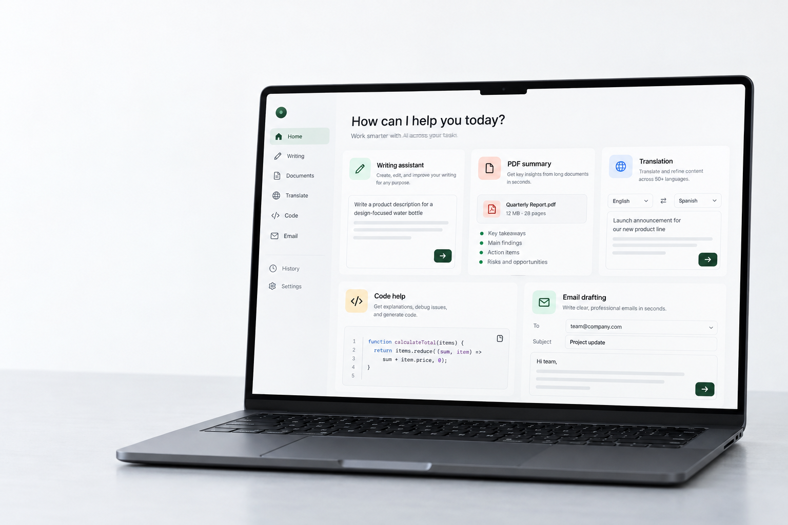 Instant AI Text productivity workspace shown on a laptop